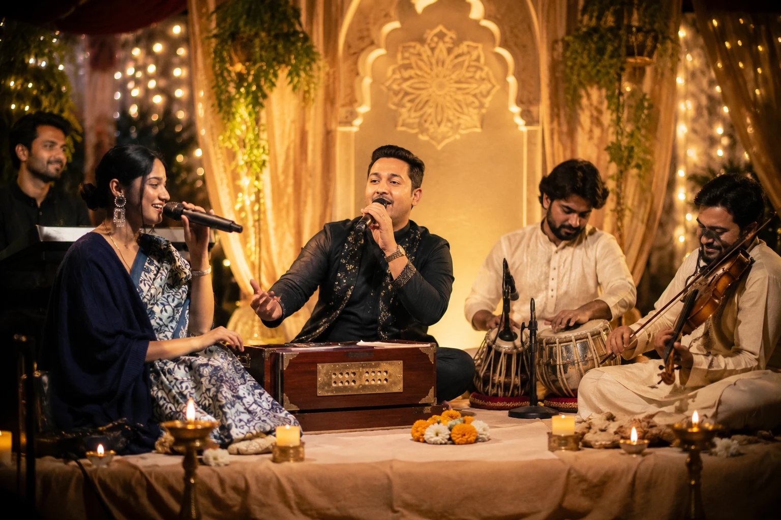 Sitar and diya at golden hour
